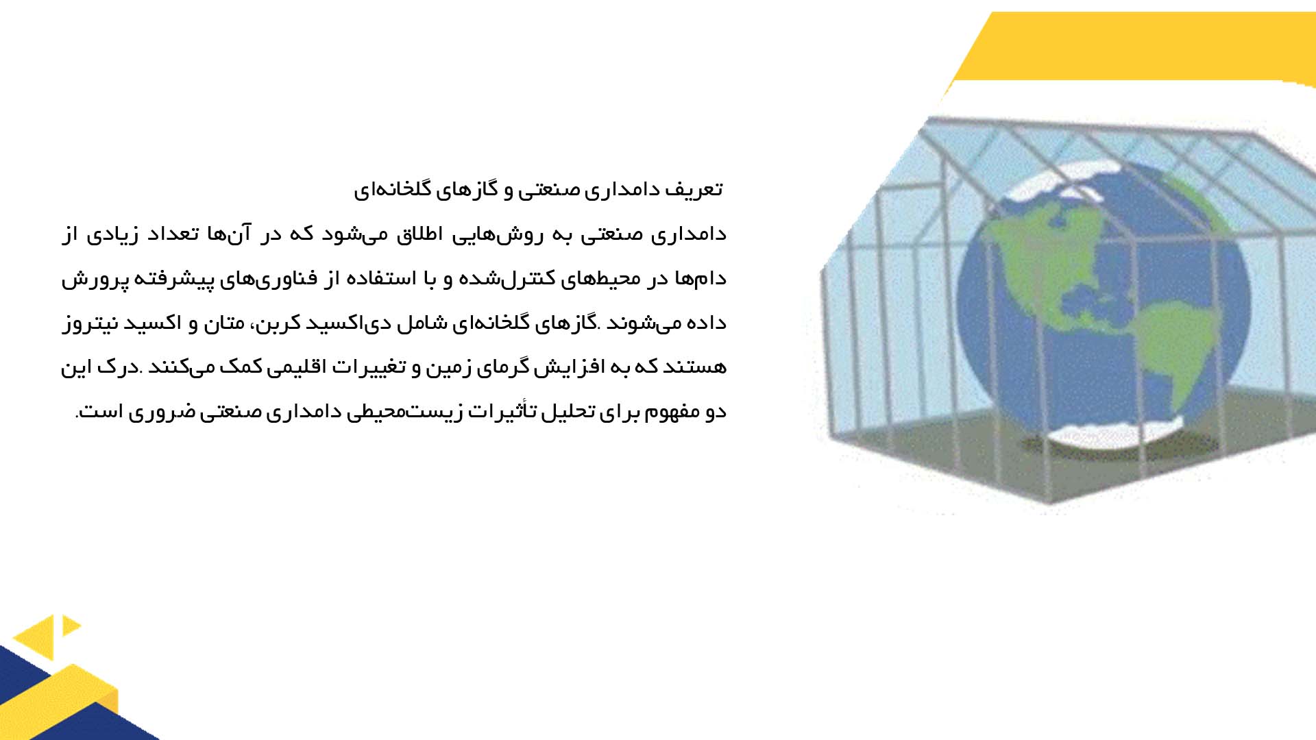 پاورپوینت در مورد تأثیر دامداری صنعتی بر گازهای گلخانه‌ای